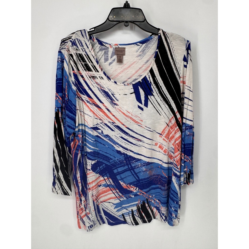 Chico's Easywear Top Women Size 3 Blue Abstract EUC 3/4 Sleeve Scoop Neck
